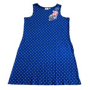 Quacker Factory Womens xl Blue Polka Dot Sleeveless Dress W/ Floral Embroidery